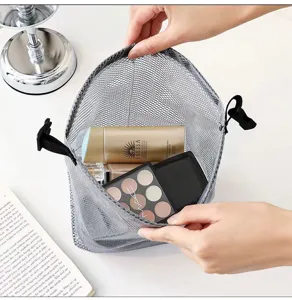 Grey mesh travel cosmetic bag portable storage pouch with drawstring for outdoor organization