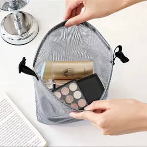 Waterproof mesh storage bag portable travel cosmetic makeup bag with drawstring closure