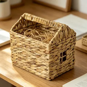 Handgemachte Wasserhyazinthe geflochtener Korb, hausförmiger Tischorganizer für Zuhause.