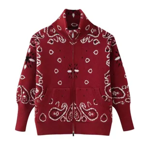 Women Vintage Paisley Knit Cardigan Red Full Zip High Collar Long Sleeve Sweater Jacket