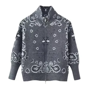 Women vintage paisley jacquard knit zip up cardigan sweater stylish grey winter outerwear