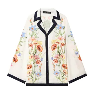 Women French vintage floral print long sleeve button-down shirt with contrast trim