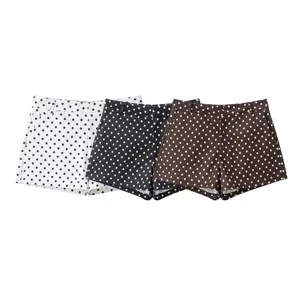 Detailed view of women's vintage polka dot shorts in three colors, comfortable fit design.