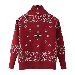 Back view of women jacquard knitted cardigan zip jacket with retro paisley pattern details.