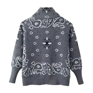 Women vintage grey paisley jacquard zip knit cardigan sweater casual streetwear outerwear