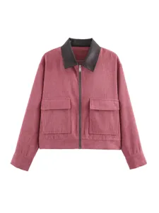 Pink corduroy jacket with contrast collar, front zipper and practical flap pockets detail.