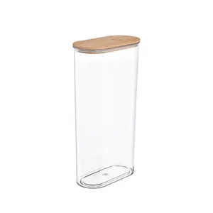 Transparenter Plastik-Vorratsbehälter mit Bambusdeckel für Küche, Trockenfutter und Snacks.