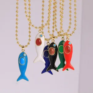 Gold plated copper enamel fish pendant necklace set with colorful stones for women.