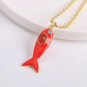 18K Gold Plated Copper Red Enamel Fish Pendant Necklace Ocean Series Fashion Jewelry