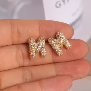Gold-plated micro-pave cubic zirconia initial letter M stud earrings for women and men daily wear