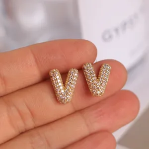Chic 18k gold plated letter V cubic zirconia stud earrings detailed sparkle jewelry gift
