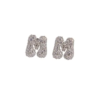 Silver balloon letter M stud earrings with sparkling cubic zirconia for fashion women daily wear