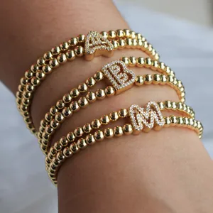 Copper 18K Gold Plated Rhinestone Letter Initial Charm Beaded Stretch Bracelet Fashion Jewelry For Women