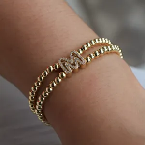 Gold plated zircon letter M beaded bracelet double strand elastic jewelry for women