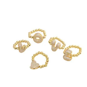 Fashion 18K gold plated copper micro pave cubic zirconia alphabet letter bead rings wholesale