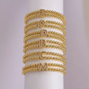 Gold plated 18k zircon initial letter beaded elastic stretch bracelet detail shot