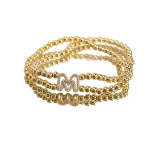 18k gold plated copper zircon initial letter M elastic beaded stackable bracelet chic jewelry