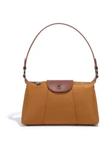 Braune Nylon Schultertasche mit Lederlasche unter den Armen Baguette Tasche Damen Retro