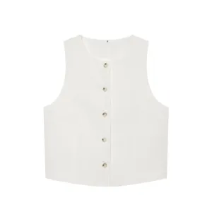 Damen Sommer lässige einfarbige ärmellose Leinenweste, schicke minimalistische Oberteile.