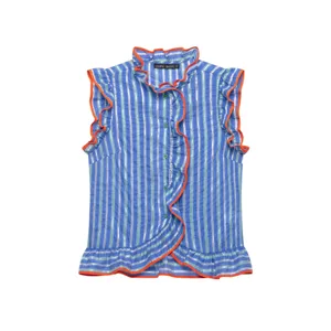 Blue striped sleeveless blouse with orange contrast ruffles and green buttons for women.