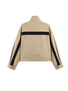 Back detail of color-block stand collar jacket, contrast stripe design, premium apparel.