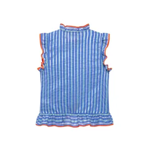 Blue striped sleeveless blouse with orange ruffle trim and mock neck for women detail view.