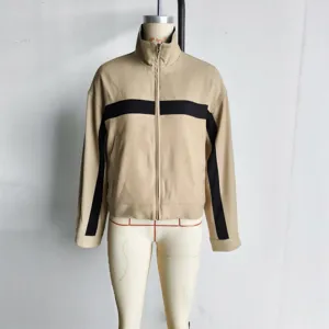 Beige stand collar color block zip up jacket for women, stylish casual outerwear.