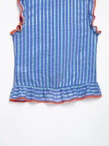 Close-up detail of women's blue vertical striped sleeveless blouse with orange ruffles.