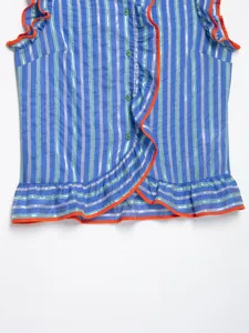 Blue silver striped sleeveless ruffle shirt detail with orange contrast trim and green buttons.