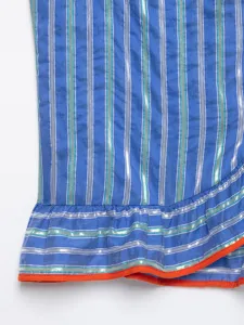 Blue striped sleeveless shirt detail showing vertical stripes and orange trim ruffles hem.