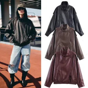 Details of the women's autumn litchi grain faux leather jacket with double collar.