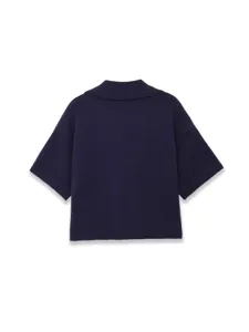 Navy blue short-sleeve polo knit sweater for women, back view showing relaxed fit design.