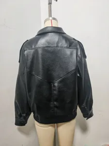 Black litchi grain faux leather jacket back view, detail shot showcasing double collar design.