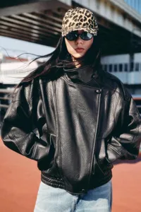 Women stylish black leather jacket urban street style cool winter outerwear fashion coat new