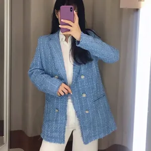 Women's Casual Long Sleeve Lapel Double Breasted Tweed Blazer Jacket Vintage Plaid Fringe Trim Outerwear