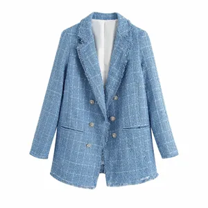 Light blue tweed blazer featuring long sleeves, double-breasted rhinestone buttons and fringe trim.