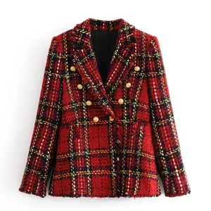 Women's Casual Long Sleeve Lapel Double Breasted Plaid Tweed Blazer Jacket Regular Fit Office Career Outerwear