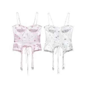 Floral satin corset camisole top with garter straps, slim fit detail, close-up view.