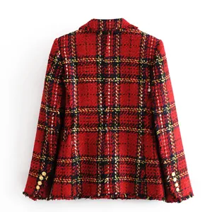 Back detail view of the red plaid tweed blazer showcasing texture and tailored structure.