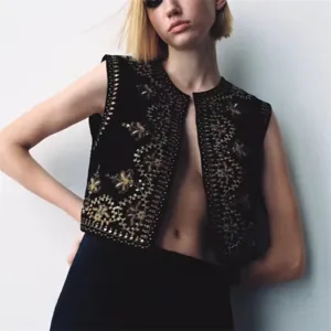 Black velvet sequin embroidered sleeveless open front vest for women stylish outfit
