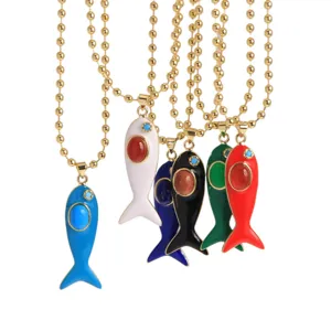 Colorful Enamel Fish Pendant Necklace 18K Gold Plated Beaded Chain For Women Jewelry