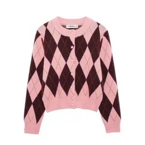 Roze donkerbruine argyle gebreid vest detail, ronde hals casual trui voor vrouwen mode.
