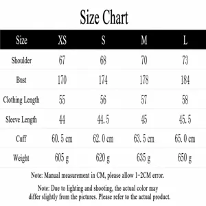 Women's suede bomber jacket size chart with detailed shoulder, bust, length and weight.