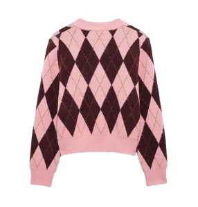 Stijlvolle roze bruine argyle gebreide vest trui met ronde hals lange mouwen voor dames