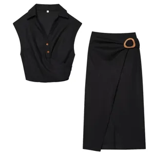 Black linen sleeveless crop top and midi skirt set with wooden buckle detail for summer.