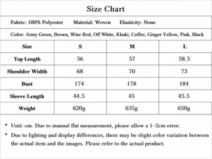 Detailed size chart and measurement guide for the stylish casual fleece bomber jacket.