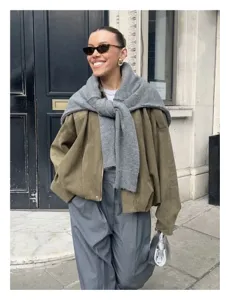 Women's casual suede bomber jacket early spring fashion stylish loose outerwear for daily wear