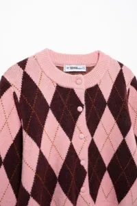 Roze bruine argyle gebreide vest casual ronde hals lange mouwen knoop sluiting top