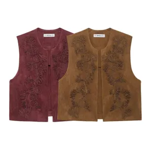 Casual suede texture embroidered vest, stylish early spring sleeveless outerwear layer.