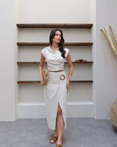 Women linen crop top and midi skirt set, sleeveless collared shirt with buckle skirt summer outfit.